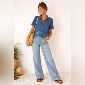 Vintage 90s Koret City Blues Denim Button Down Floral Painted Hem Beaded - M